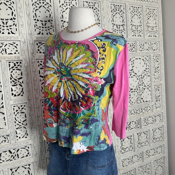Y2K Joseph A Pink Sequin Fairy Core Euro 3/4 Sleeve Colorful Blouse Sz Large - Picture 5 of 7
